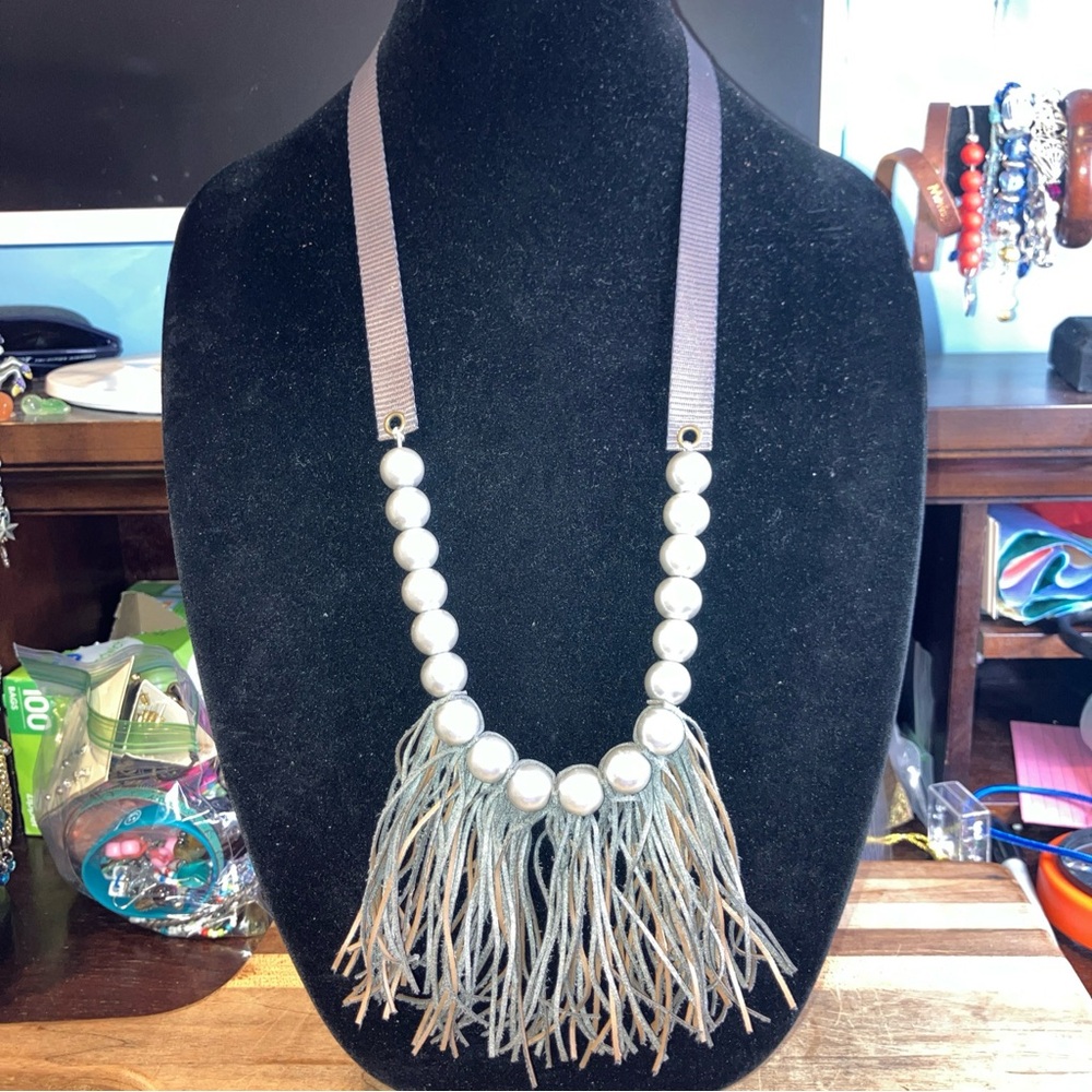 Plunder necklace gray pearl, leather fringe, tassels, reversible western cowgirl